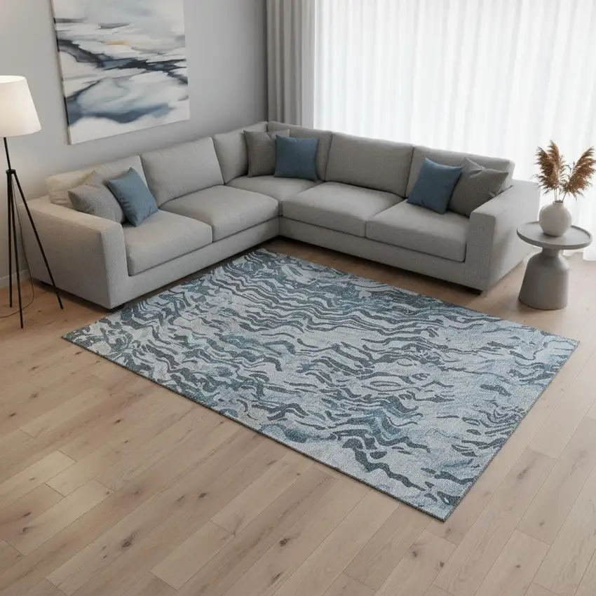 Sky Blue And Gray Abstract Washable Area Rug With UV Protection Photo 2