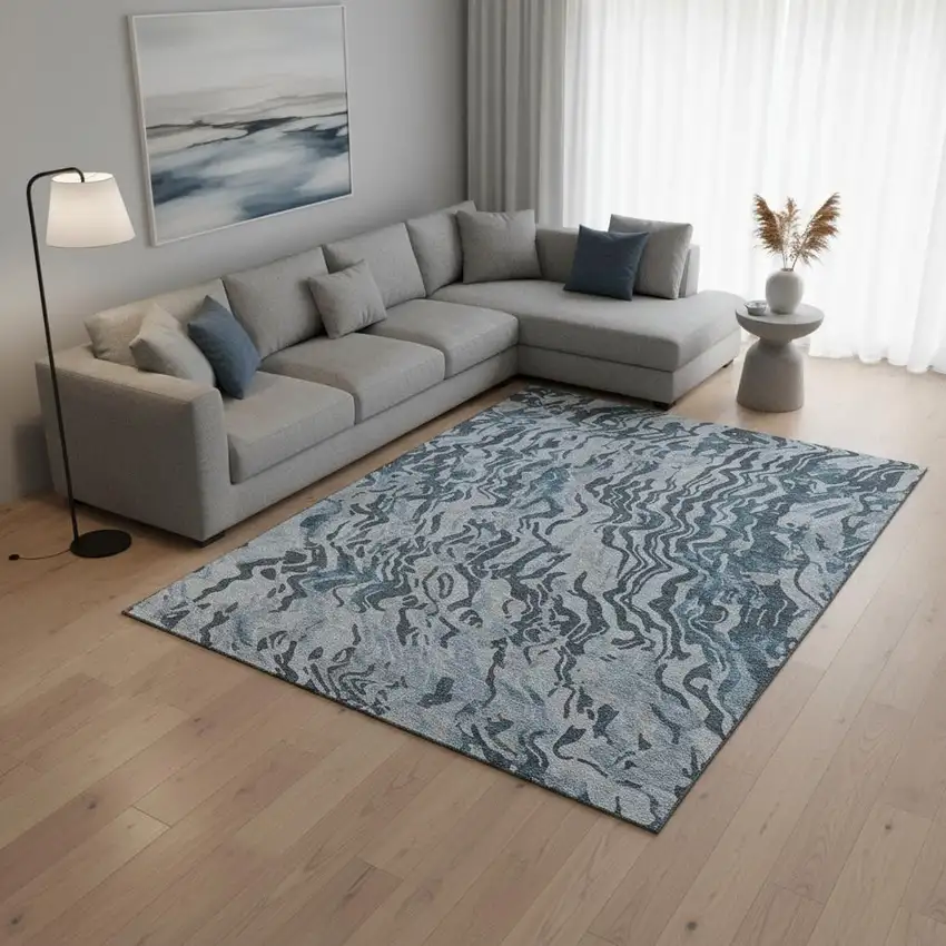 Sky Blue And Gray Abstract Washable Area Rug With UV Protection Photo 2