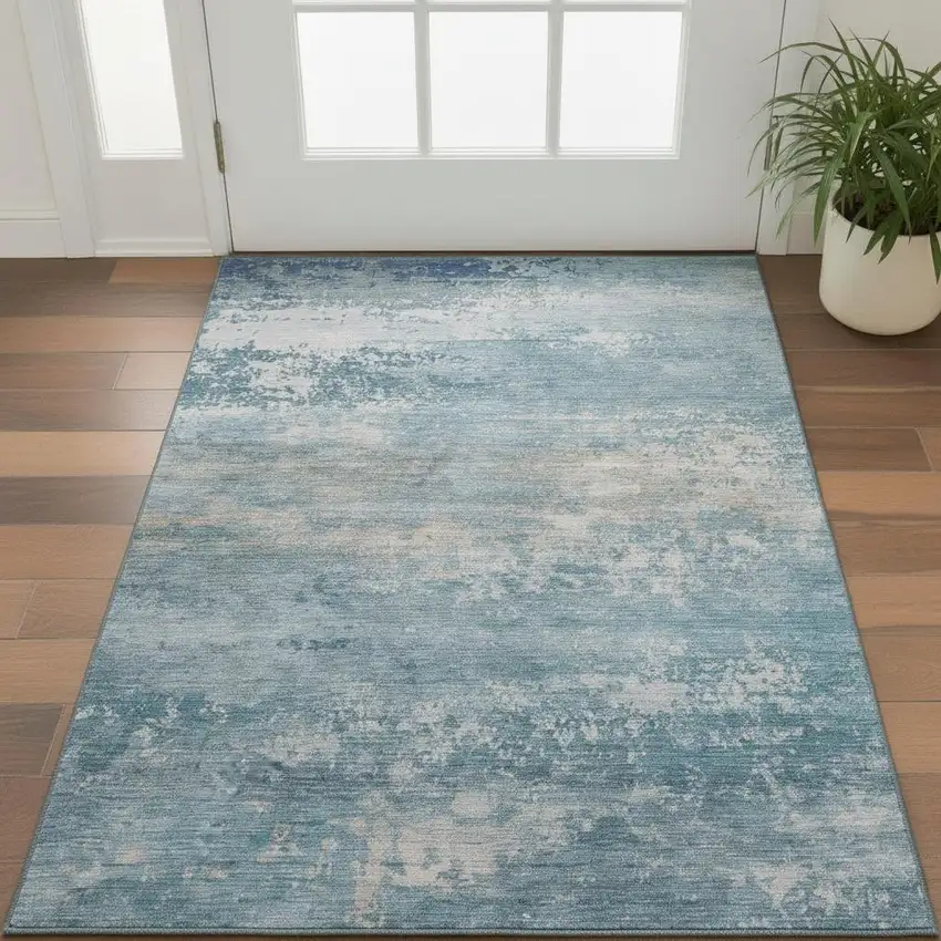 Sky Blue And Gray Abstract Washable Area Rug With UV Protection Photo 2