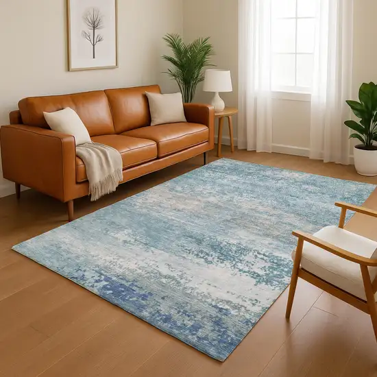 Sky Blue And Gray Abstract Washable Area Rug With UV Protection Photo 5