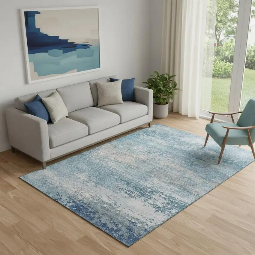 Sky Blue And Gray Abstract Washable Area Rug With UV Protection Photo 2