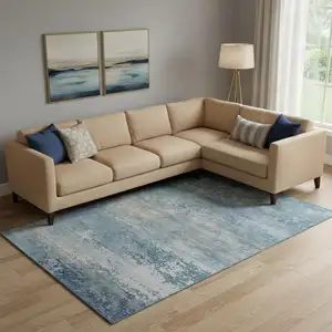 Photo of Sky Blue And Gray Abstract Washable Area Rug With UV Protection
