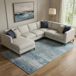 Photo of Sky Blue And Gray Abstract Washable Area Rug With UV Protection