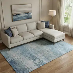 Photo of Sky Blue And Gray Abstract Washable Area Rug With UV Protection