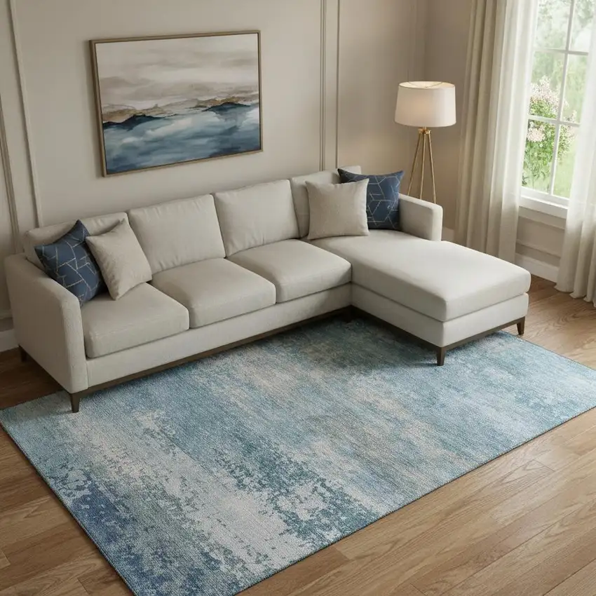 Sky Blue And Gray Abstract Washable Area Rug With UV Protection Photo 2