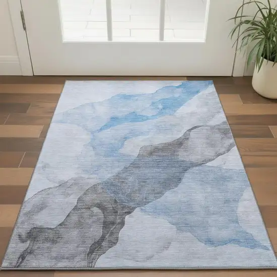 Sky Blue And Gray Abstract Washable Area Rug With UV Protection Photo 2