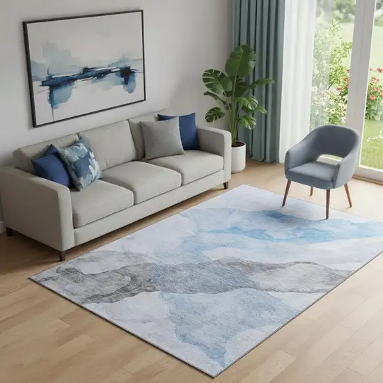 Sky Blue And Gray Abstract Washable Area Rug With UV Protection Photo 2