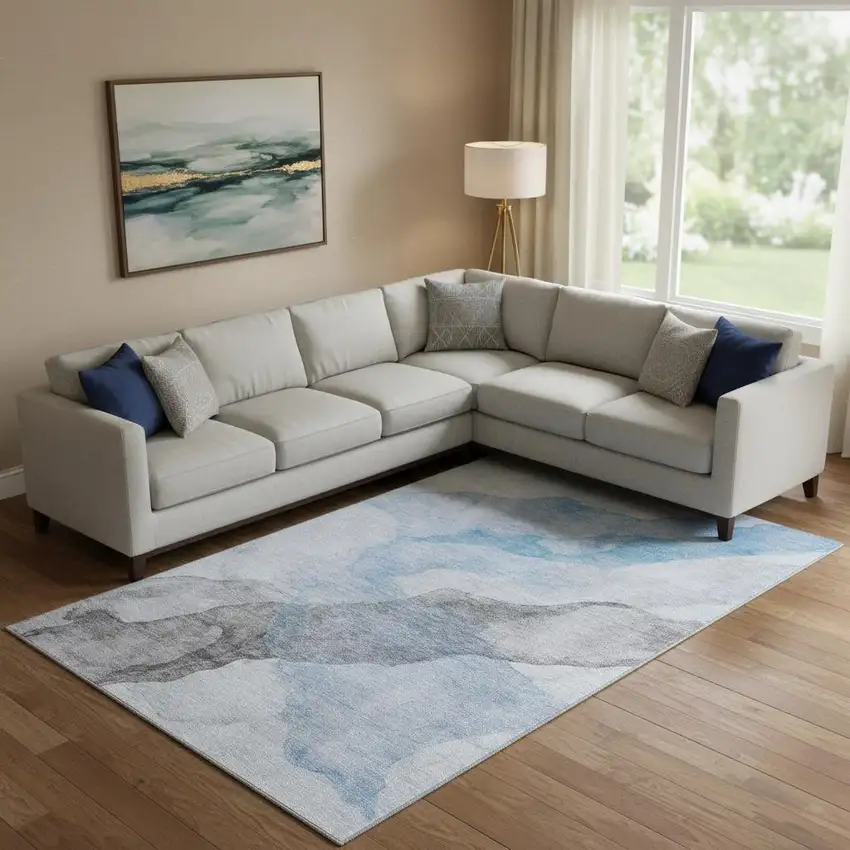 Sky Blue And Gray Abstract Washable Area Rug With UV Protection Photo 2