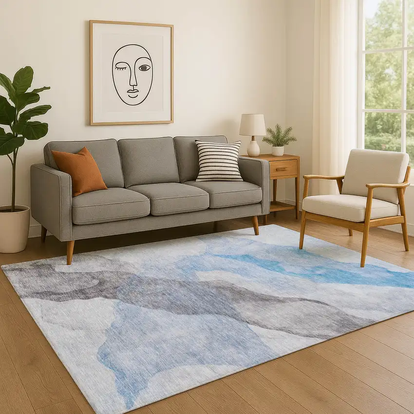 Sky Blue And Gray Abstract Washable Area Rug With UV Protection Photo 5