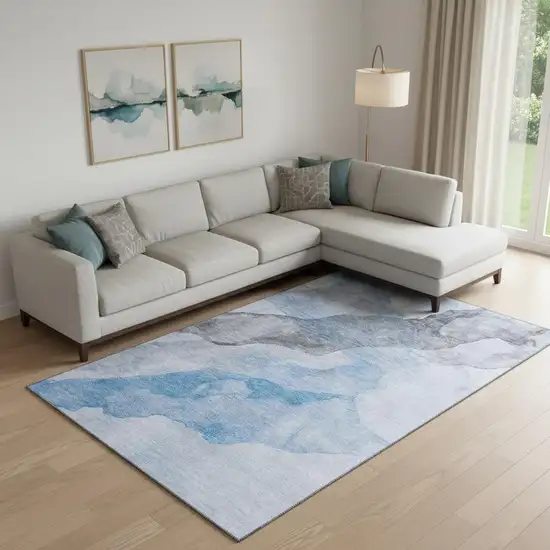 Sky Blue And Gray Abstract Washable Area Rug With UV Protection Photo 2