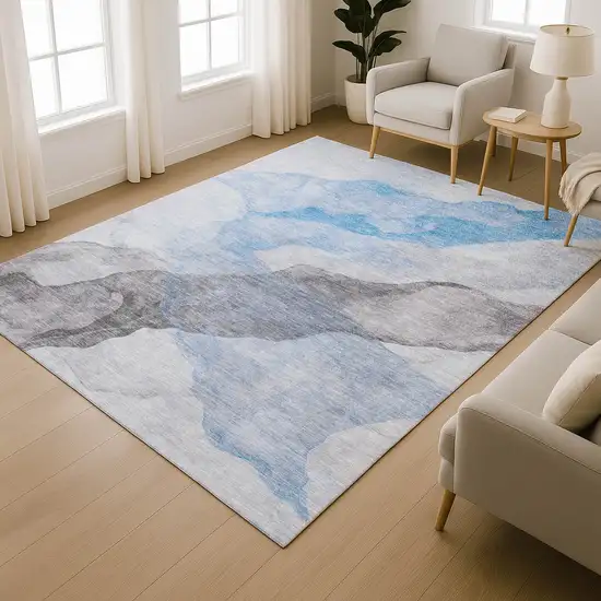Sky Blue And Gray Abstract Washable Area Rug With UV Protection Photo 6