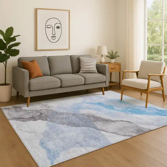 Sky Blue And Gray Abstract Washable Area Rug With UV Protection Photo 5