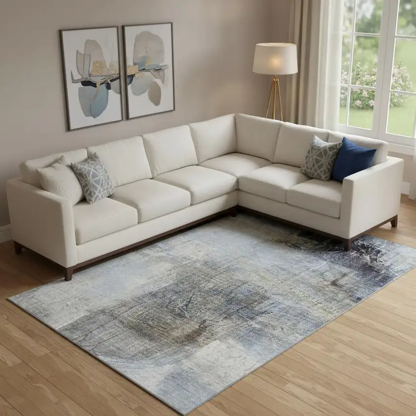 Sky Blue And Gray Abstract Washable Area Rug With UV Protection Photo 2