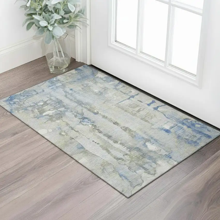 Sky Blue And Gray Abstract Washable Area Rug With UV Protection Photo 2