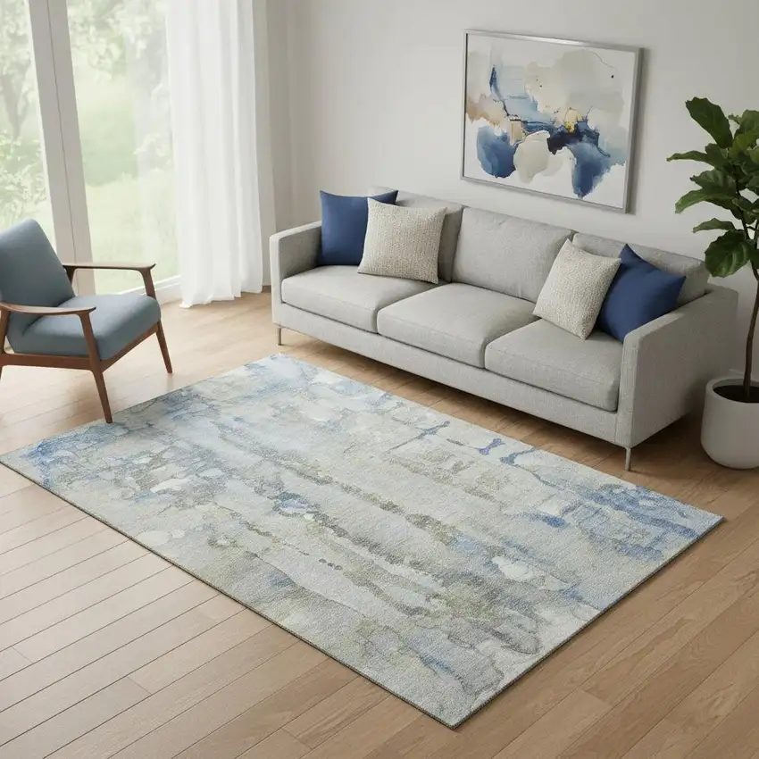 Sky Blue And Gray Abstract Washable Area Rug With UV Protection Photo 2