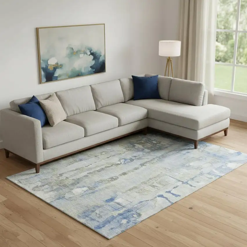 Sky Blue And Gray Abstract Washable Area Rug With UV Protection Photo 2