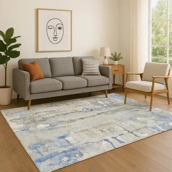 Sky Blue And Gray Abstract Washable Area Rug With UV Protection Photo 5
