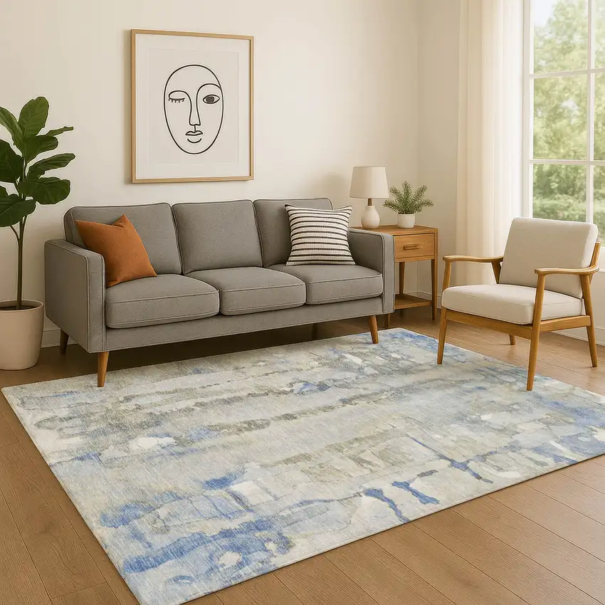 Sky Blue And Gray Abstract Washable Area Rug With UV Protection Photo 5