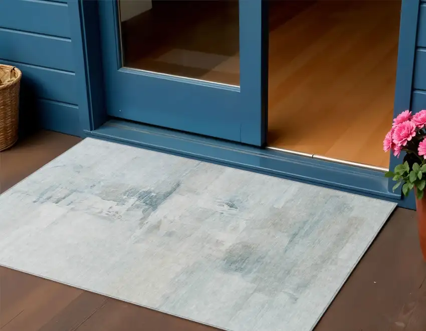 Sky Blue And Gray Abstract Washable Indoor Outdoor Area Rug Photo 2