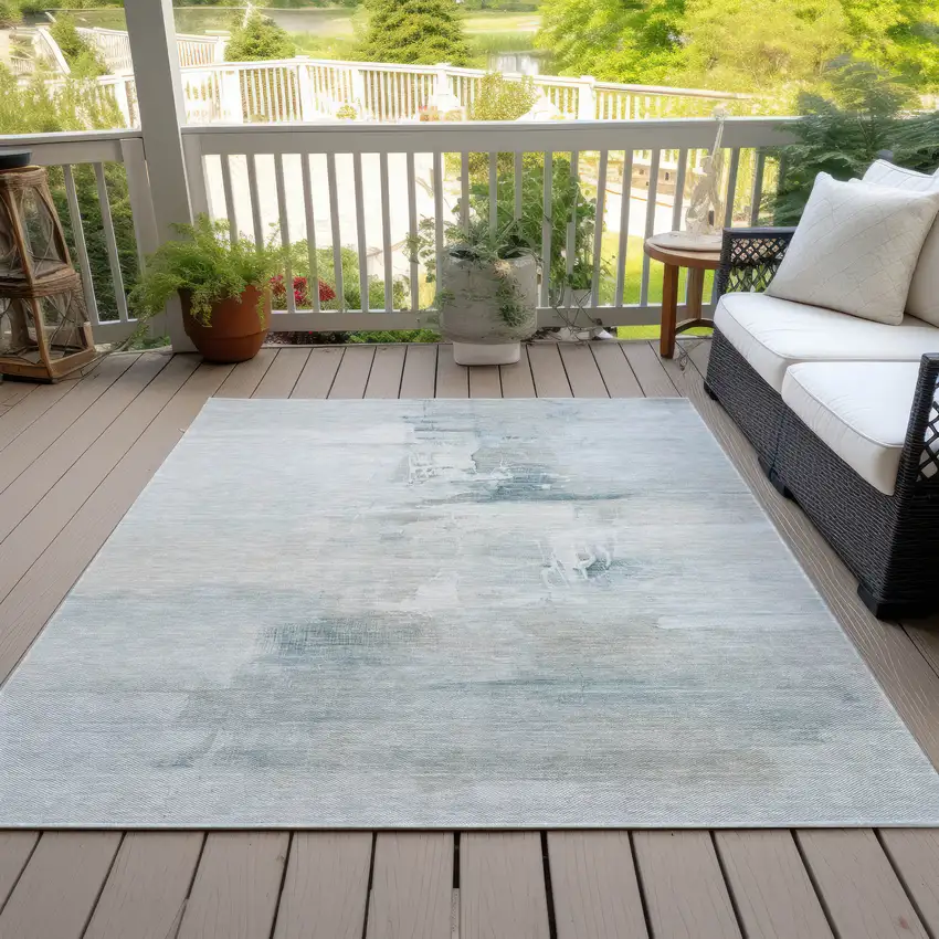 Sky Blue And Gray Abstract Washable Indoor Outdoor Area Rug Photo 7