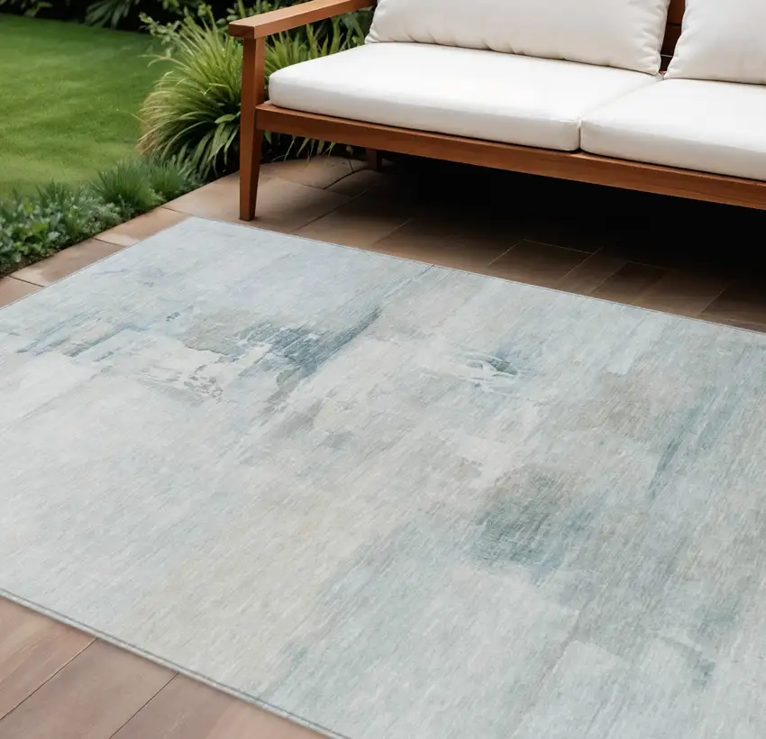 Sky Blue And Gray Abstract Washable Indoor Outdoor Area Rug Photo 2
