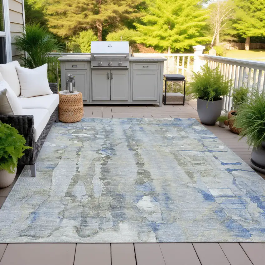 Sky Blue And Gray Abstract Washable Indoor Outdoor Area Rug Photo 5