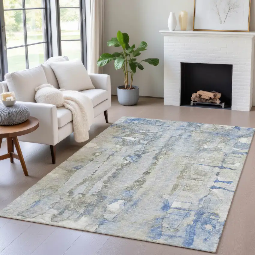 Sky Blue And Gray Abstract Washable Indoor Outdoor Area Rug Photo 6