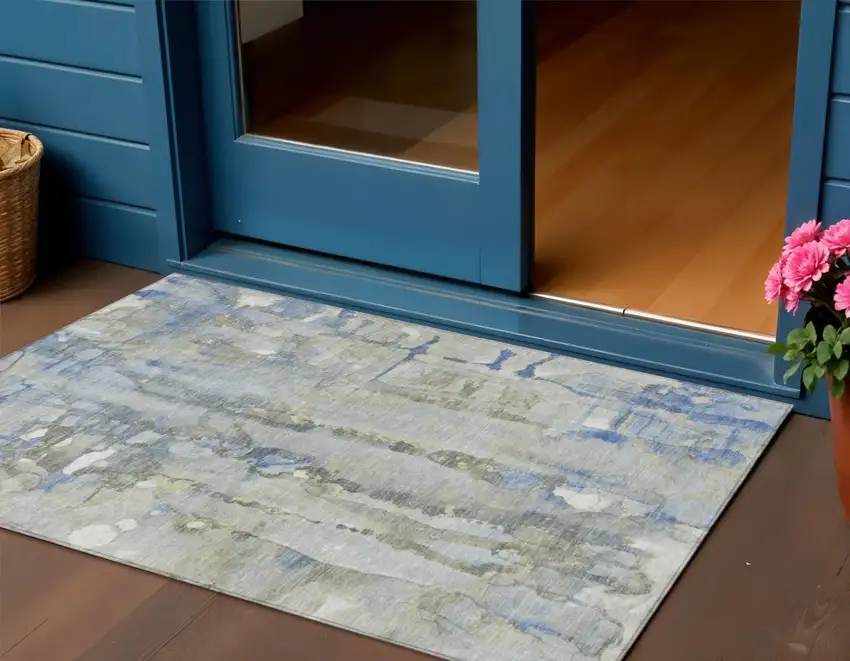 Sky Blue And Gray Abstract Washable Indoor Outdoor Area Rug Photo 2