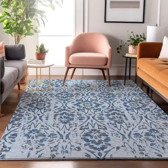Sky Blue And Gray Floral Washable Area Rug With UV Protection Photo 5