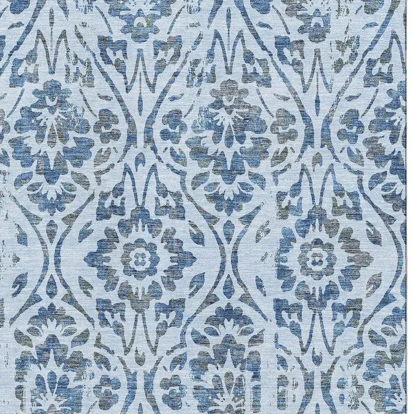 Sky Blue And Gray Floral Washable Area Rug With UV Protection Photo 3