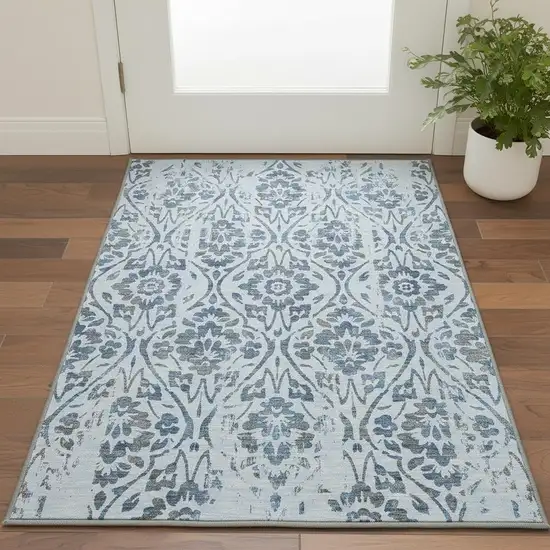 Sky Blue And Gray Floral Washable Area Rug With UV Protection Photo 2