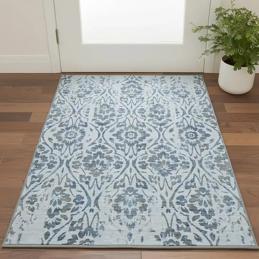 Sky Blue And Gray Floral Washable Area Rug With UV Protection Photo 2