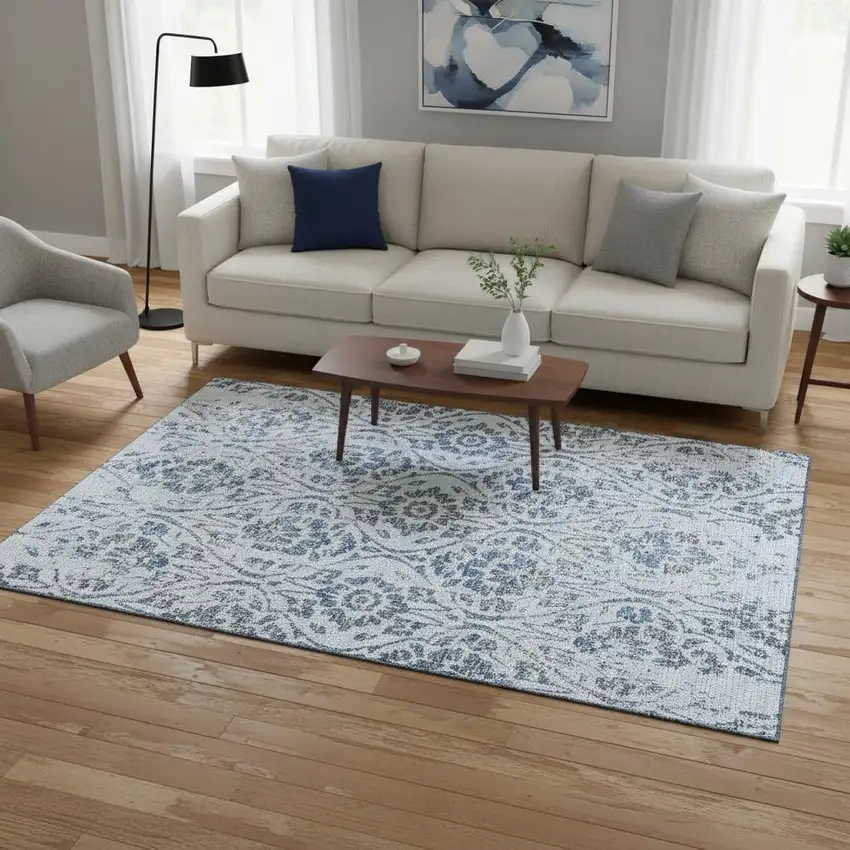 Sky Blue And Gray Floral Washable Area Rug With UV Protection Photo 2