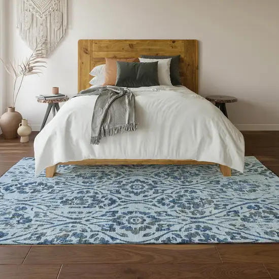 Sky Blue And Gray Floral Washable Area Rug With UV Protection Photo 6