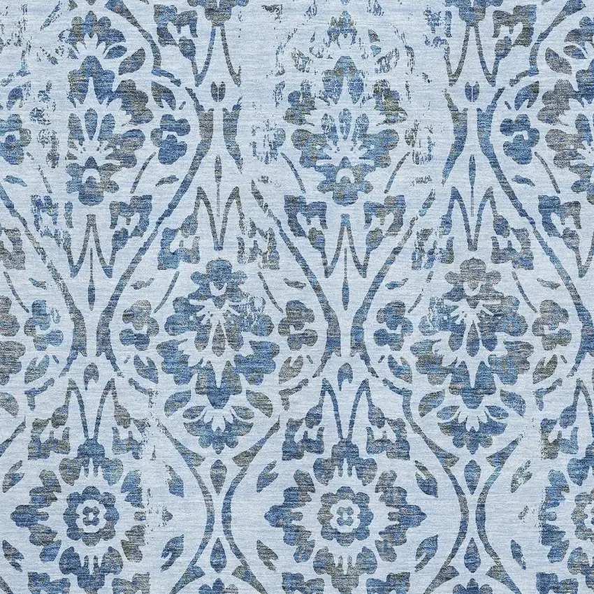 Sky Blue And Gray Floral Washable Area Rug With UV Protection Photo 3