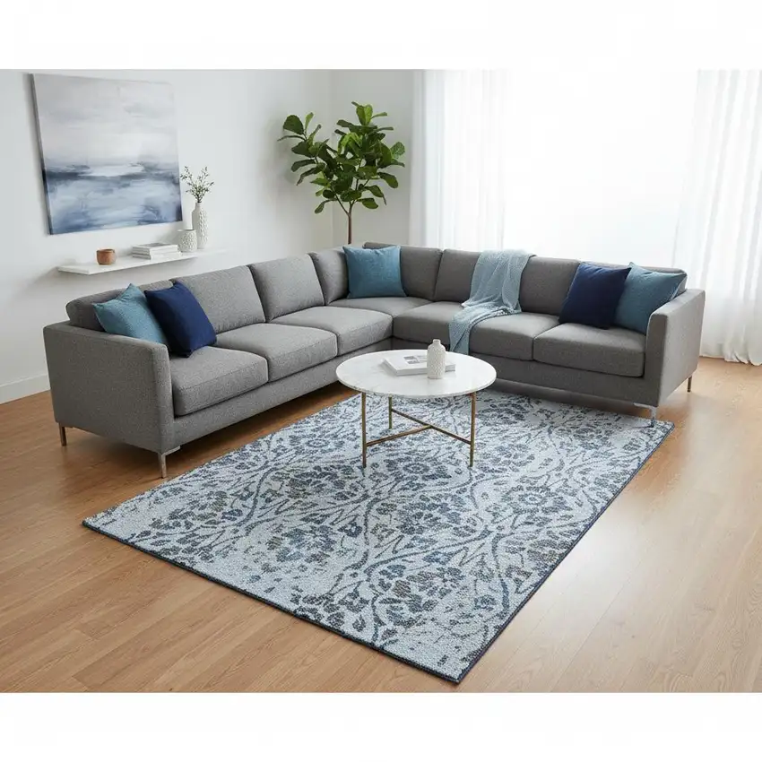 Sky Blue And Gray Floral Washable Area Rug With UV Protection Photo 2