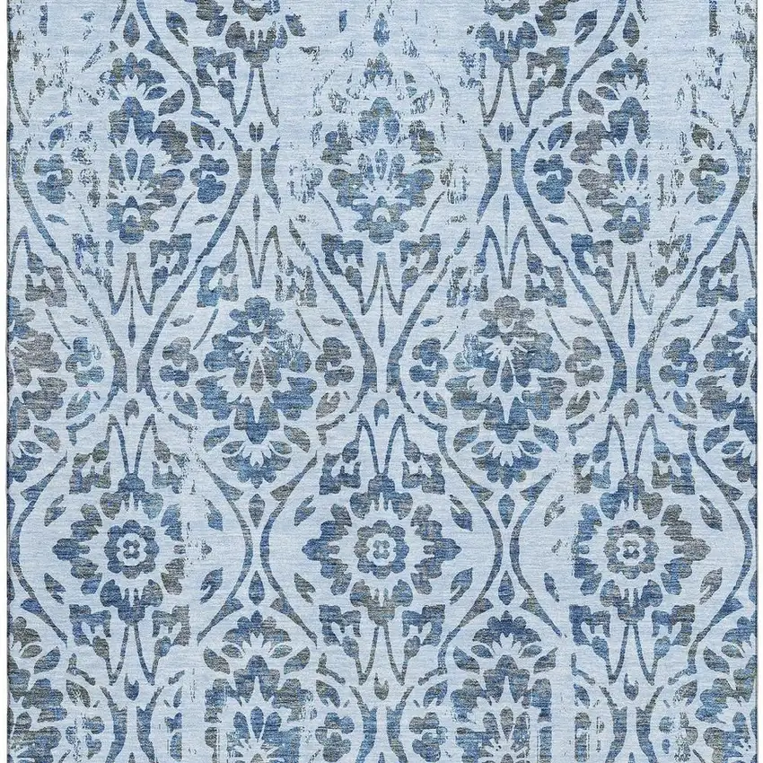 Sky Blue And Gray Floral Washable Area Rug With UV Protection Photo 4