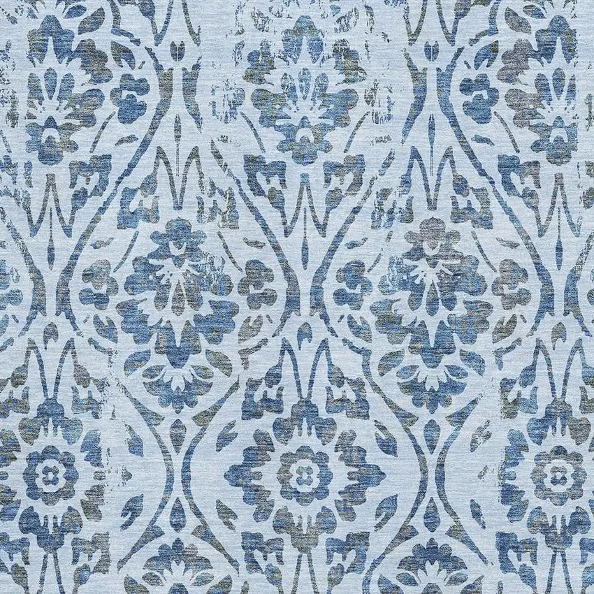 Sky Blue And Gray Floral Washable Area Rug With UV Protection Photo 3