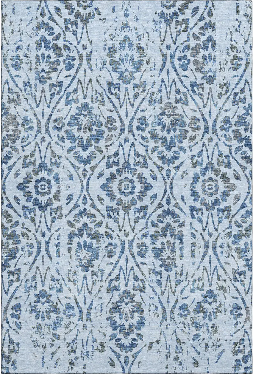 Sky Blue And Gray Floral Washable Area Rug With UV Protection Photo 1