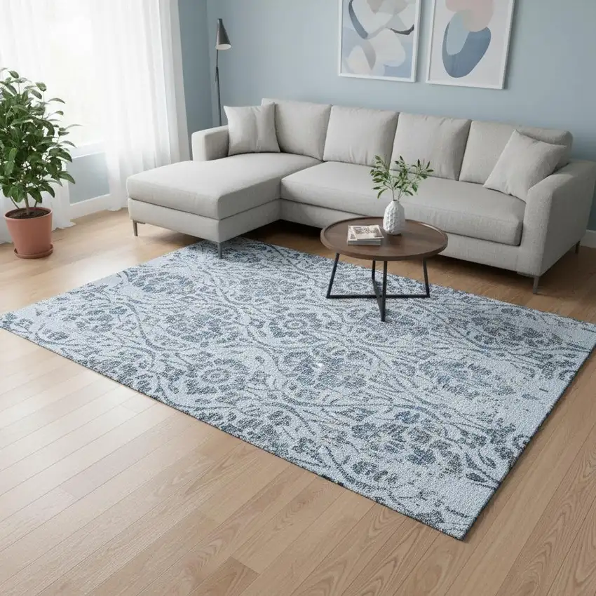 Sky Blue And Gray Floral Washable Area Rug With UV Protection Photo 2