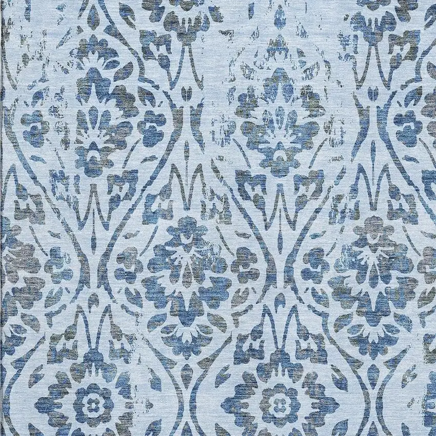 Sky Blue And Gray Floral Washable Area Rug With UV Protection Photo 3