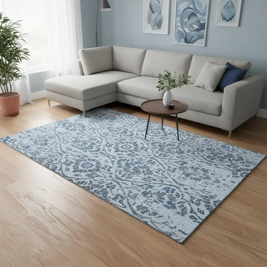 Sky Blue And Gray Floral Washable Area Rug With UV Protection Photo 2