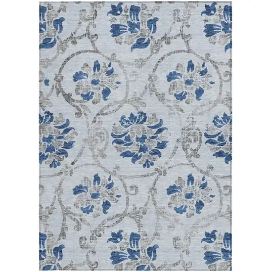 Sky Blue And Gray Floral Washable Indoor Outdoor Area Rug Photo 6