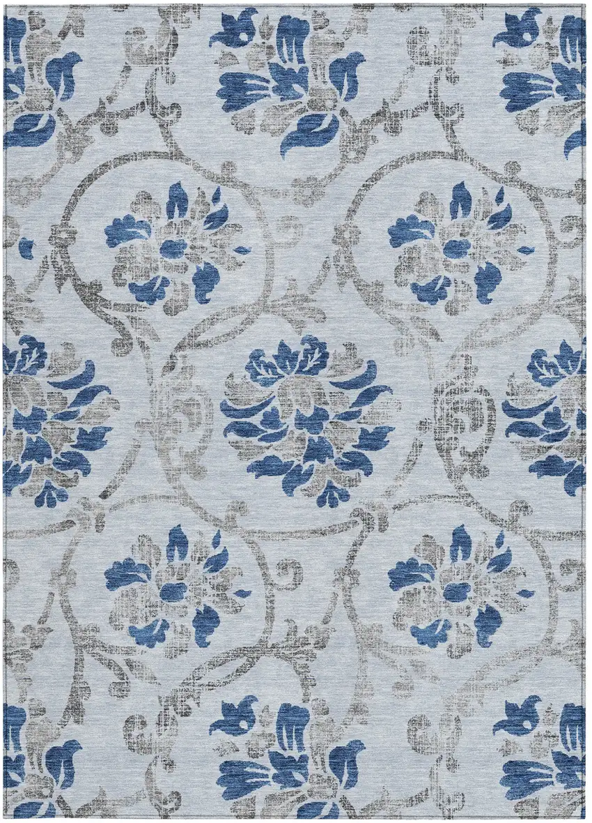 Sky Blue And Gray Floral Washable Indoor Outdoor Area Rug Photo 6