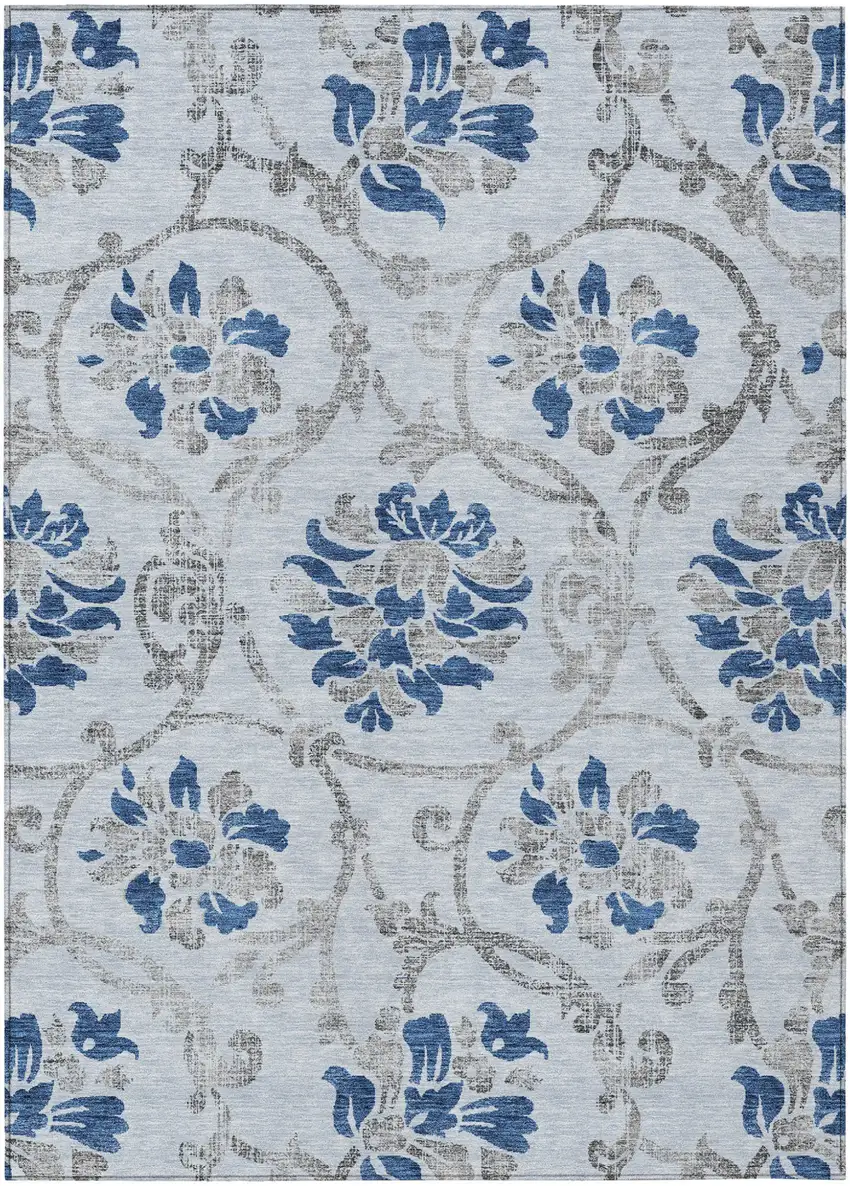 Sky Blue And Gray Floral Washable Indoor Outdoor Area Rug Photo 2