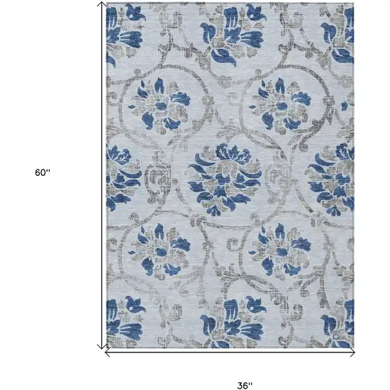 Sky Blue And Gray Floral Washable Indoor Outdoor Area Rug Photo 7