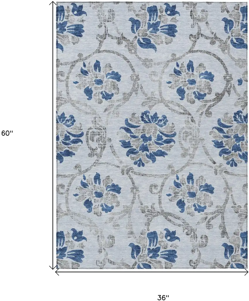 Sky Blue And Gray Floral Washable Indoor Outdoor Area Rug Photo 7