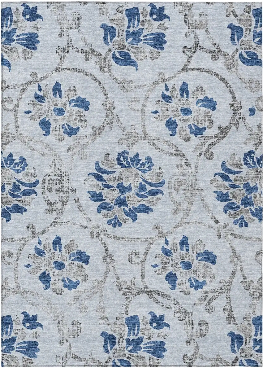Sky Blue And Gray Floral Washable Indoor Outdoor Area Rug Photo 1