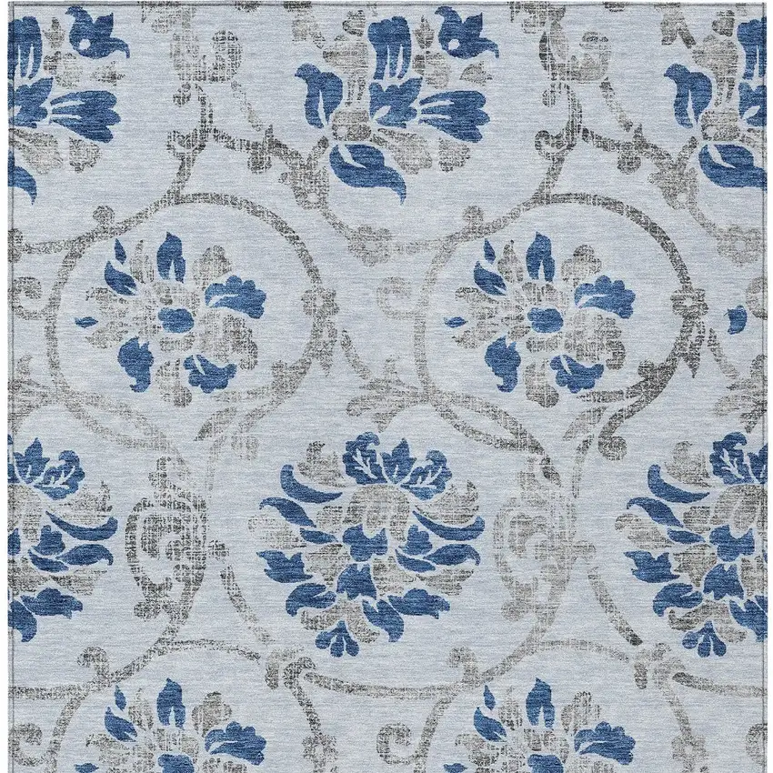 Sky Blue And Gray Floral Washable Indoor Outdoor Area Rug Photo 6