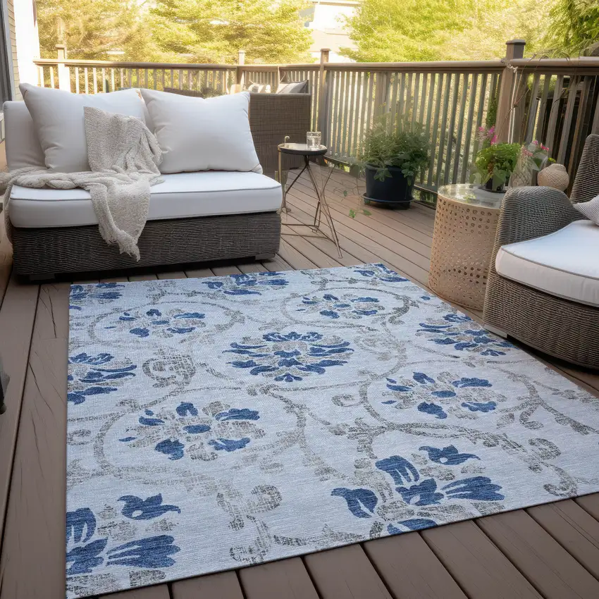 Sky Blue And Gray Floral Washable Indoor Outdoor Area Rug Photo 9
